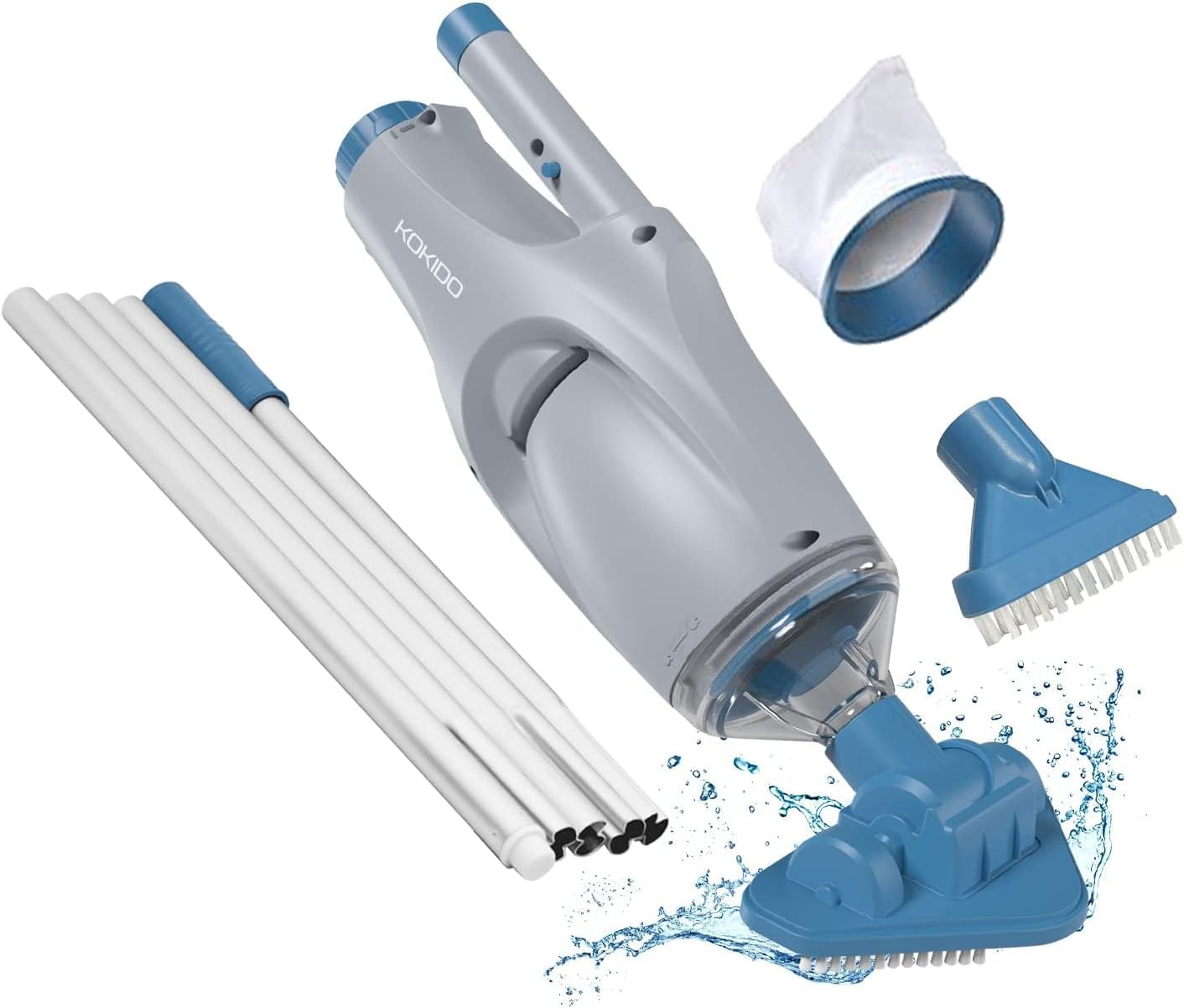 KOKIDO (2025) Rechargeable Handheld Pool Vacuum, Aluminum Pole and 2 Brush Heads, 10GPM flowrate Ideal for Pools up to 20ft, Cordless 60 mins Spot Cleaning, Above Ground Pool, Hot Tub & Spa XV110