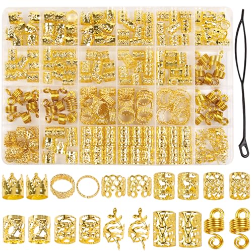 220 Pcs Viking Gold Hair Accessories for Braids Loc Jewelry for Women Hair Dreadlock Metal Hair Beads Rings Cuffs for Braids Beard Decoration Gold