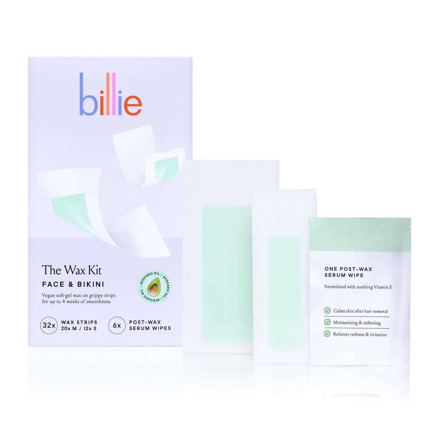 Billie Wax Kit - Face & Bikini - 32 Wax Strips - 6 Post-Wax Serum Wipes