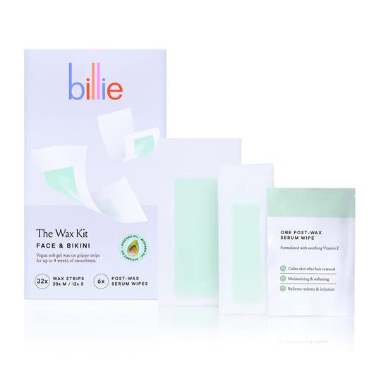 Billie Wax Kit - Face & Bikini - 32 Wax Strips - 6 Post-Wax Serum Wipes
