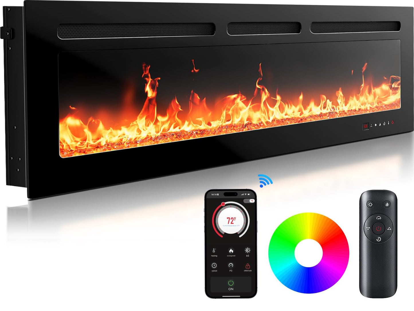 Marsail 50″ Electric Fireplace Heater with App & Remote Control, 5300 BTU Heat Output, Ultra-Slim Wall-Mounted or Recessed Electric Fireplace Inserts with Timer, 20 Flame Colors,SLELF02B-50