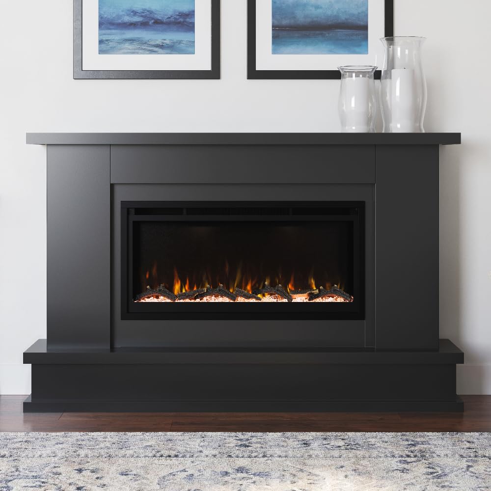 Modern Ember Patton Black Mantel Package 64" W x 42" H with 42 Inch Electric Fireplace - 5 Flame Colors, 10 Ember Bed Colors, Log Kit & Crystal Embers | Alexa/WiFi Enabled