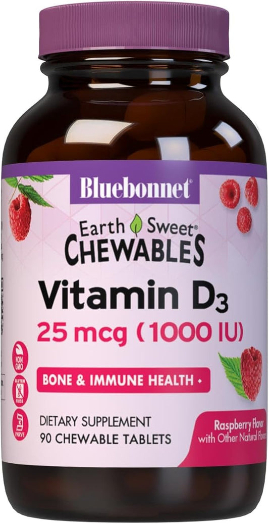 Bluebonnet Nutrition EarthSweet Vitamin D3 1000IU - Bone & Immune Support Supplement - Raspberry Chewable Vitamin D Supplement for Women & Men - Soy-Free, Gluten-Free, Non-GMO - 90 Tablets