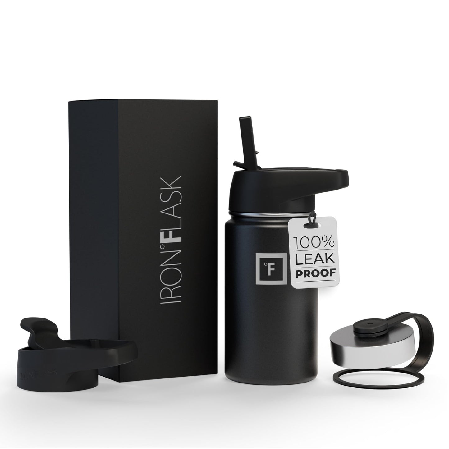 IRON °FLASK Camping & Hiking Hydration Flask, Wide Mouth, 3 Straw Lids, Stainless Steel Outdoor Water Bottle, Double Walled, Insulated Thermos, Metal Canteen - Midnight Black, 14 Oz