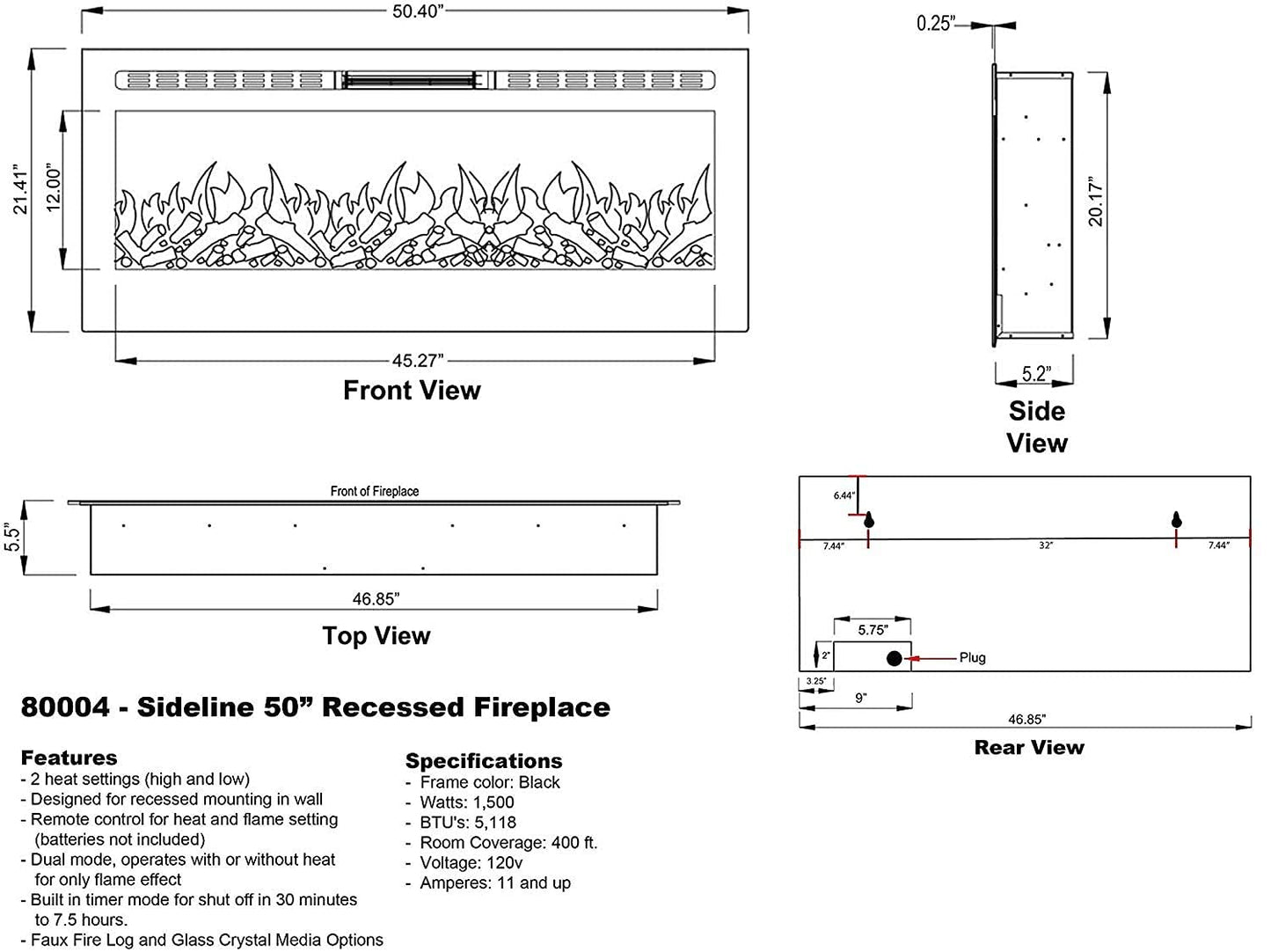 Touchstone Smart Electric Fireplace-The Sideline 50" Wide-in Wall Recessed - 30 Realistic Ember Color/Flame Options - 1,500W Heater w/Thermostat - Log & Crystal Hearth Options - Alexa/WiFi Enabled