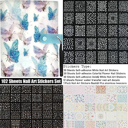 102 Sheets Nail Art Stickers & Storage Book,5200 Pieces 3D Self-Adhesive White Floral Nail Stickers with Rhinestones Designs, Multicolor Laser Gold Nail Decals for Women Girls DIY Manicure Decorations