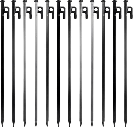 12 Pcs 16 Inch Tent Stakes Heavy Duty Metal Tent Pegs，Camping Steel Tent Stakes for Unbreakable and Inflexible Camping Backyard Rocky Ground