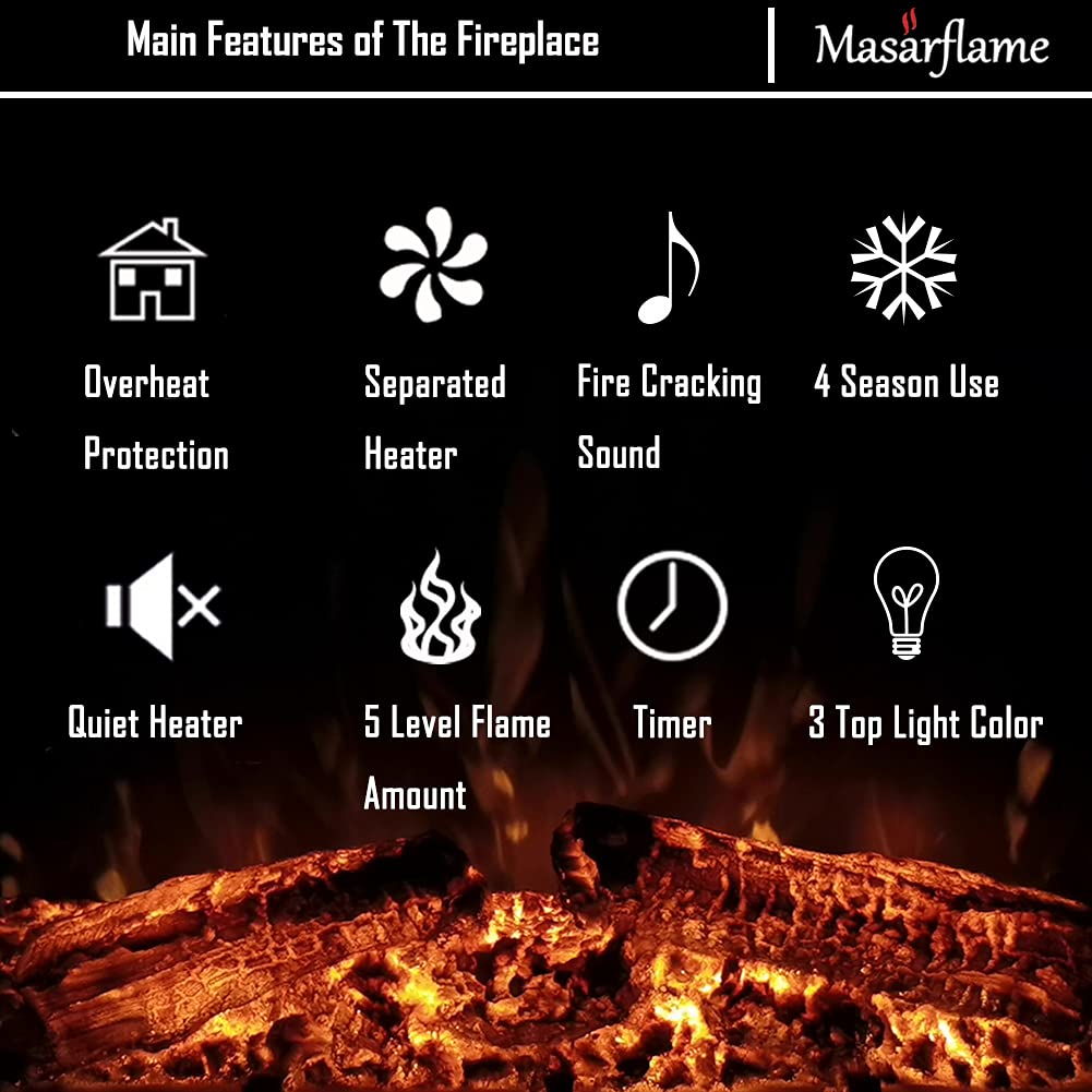 Masarflame 43'' Electric Fireplace Insert, Retro Recessed Fireplace Heater with Fire Cracking Sound, Remote Control & Timer, 750/1500W, Black
