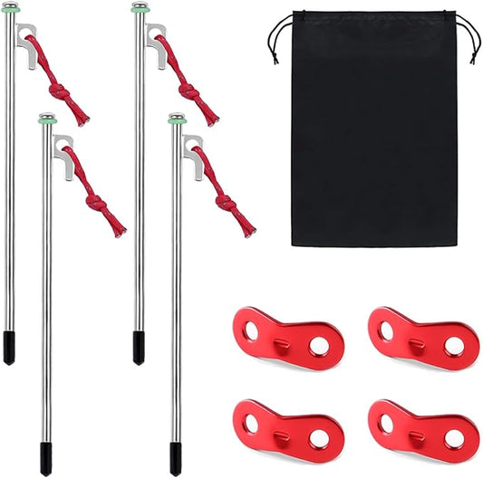 4 Pcak Tent Stakes, Heavy Carbon Steel Metal Tent Pegs with Reflective Pull Ropes, Fluorescent Rubber ring, Protective case and 4 Alloy Wind Rope Buckle for Camping Tents and Hammocks