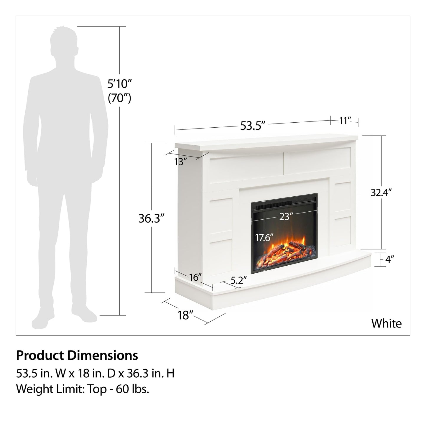 Ameriwood Home Barrow Creek 53.5 Inch Electric Fireplace with Mantel, Replaceable Fireplace Insert Heater, Remote Control, Timer, Realistic Log and Flame Effect, for Living Room or Bedroom, White
