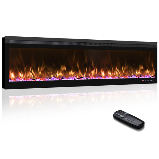 Mystflame 60 inch Electric Fireplace Inserts, Wall Mounted and Recessed Fireplace Heater, Remote & Touch Screen, Log Set & Crystal, 13 Adjustable Flame Color, Thermostat, 1-9H Timer, 750w/1500w