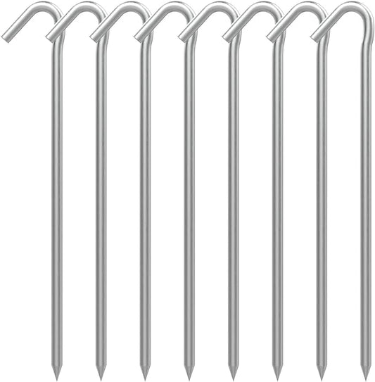 AAGUT 8 Pack Metal Camping Tent Stakes 9 Inch Yard Stakes for Inflatables Heavy Duty Tent Pegs Steel Hooked Ground Stakes for Outdoor Christmas Decorations, Garden Edging Tarp Stakes for Ground