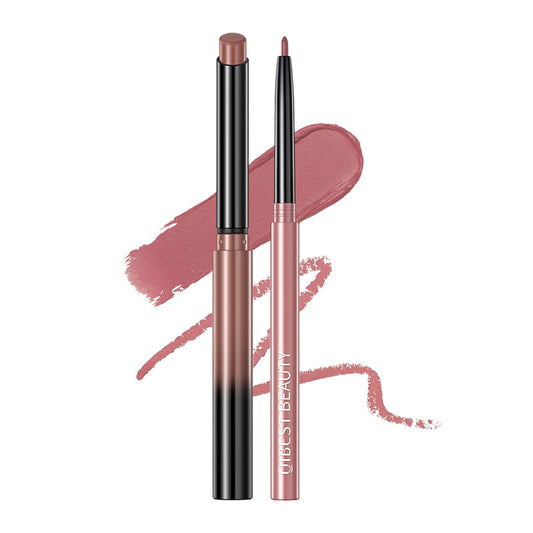QiBest Nude Rose Pink Cream Lipstick with Lip Liner Makeup Set for Women, Soft Matte Lip Stick Silk Finish with LipLiner Pencil 24 Hours Original Waterproof Labials, Velvety & Non-Drying Formula