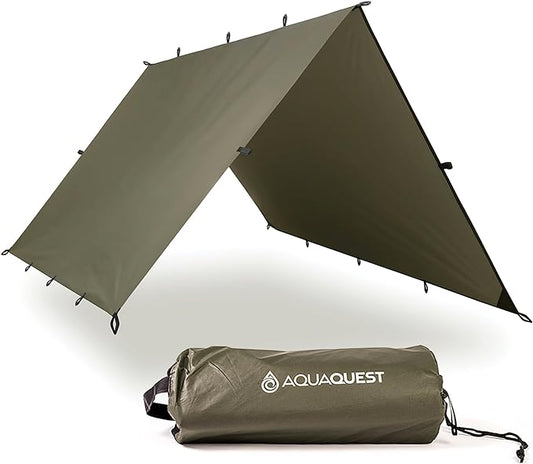 AquaQuest Safari Camping Tarp - Lightweight Durable Rain Fly - Waterproof Camping Essentials for Hiking, Backpacking & Hammock, 15 x 15 ft, Olive Drab