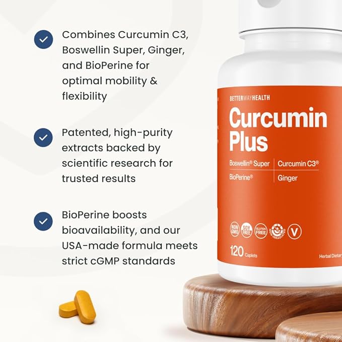 Better Way Health™ - Curcumin Plus - Turmeric Curcumin C3® Complex + Boswellin® Super, BioPerine®, and Ginger - Promotes Joint & Immune Health - 120 Caplets