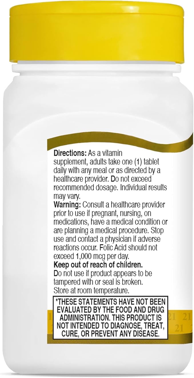 21st Century 800 mcg Folic Acid Tablets, Assorted, 180 Count (Pack of 2)