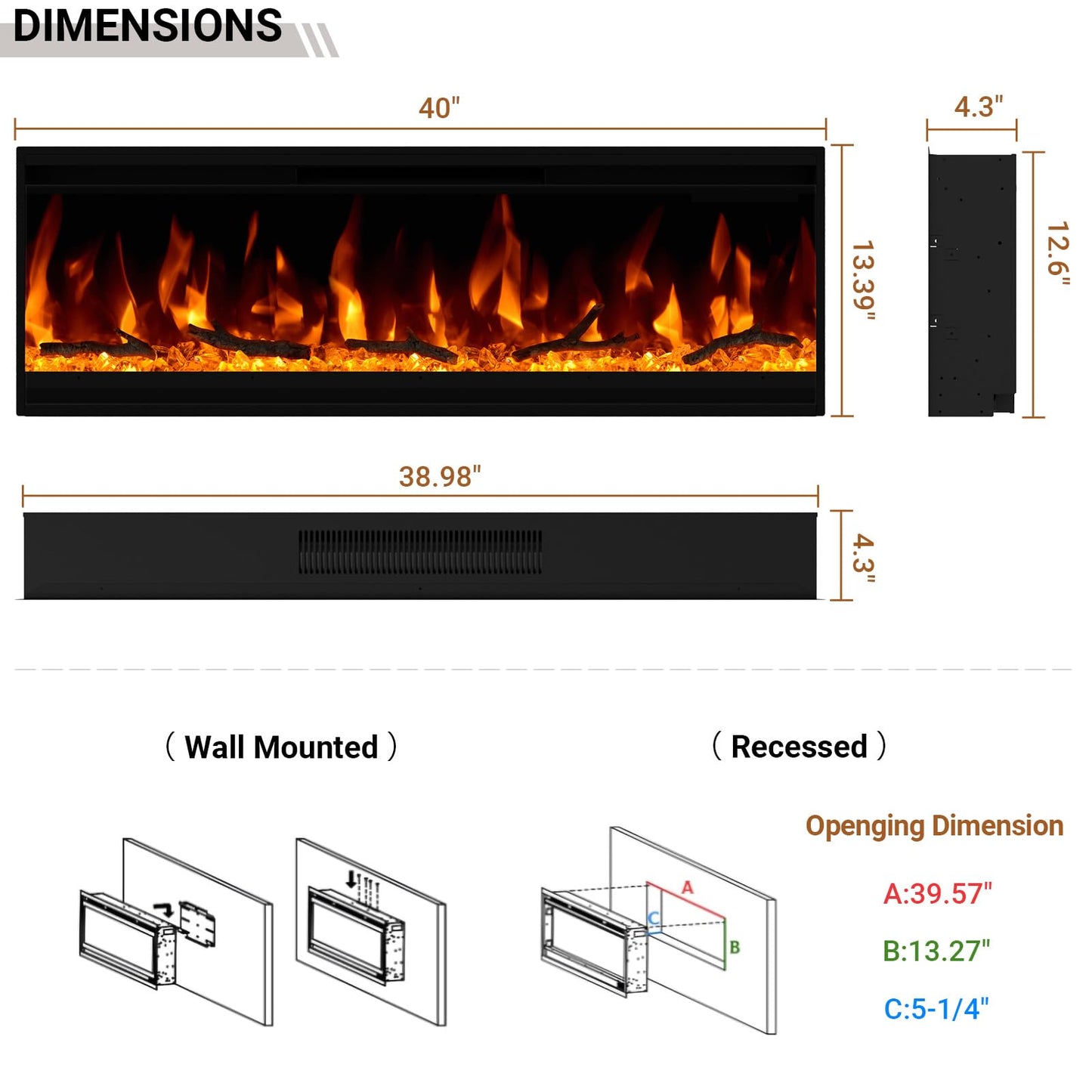 40 inch Electric Fireplace, Ultra-Thin Electric Fireplace Inserts, Ultra-Narrow Frame, Wall Mounted and Recessed Fireplace, Log & Crystal, Touch Screen & Remote Control, 1500W