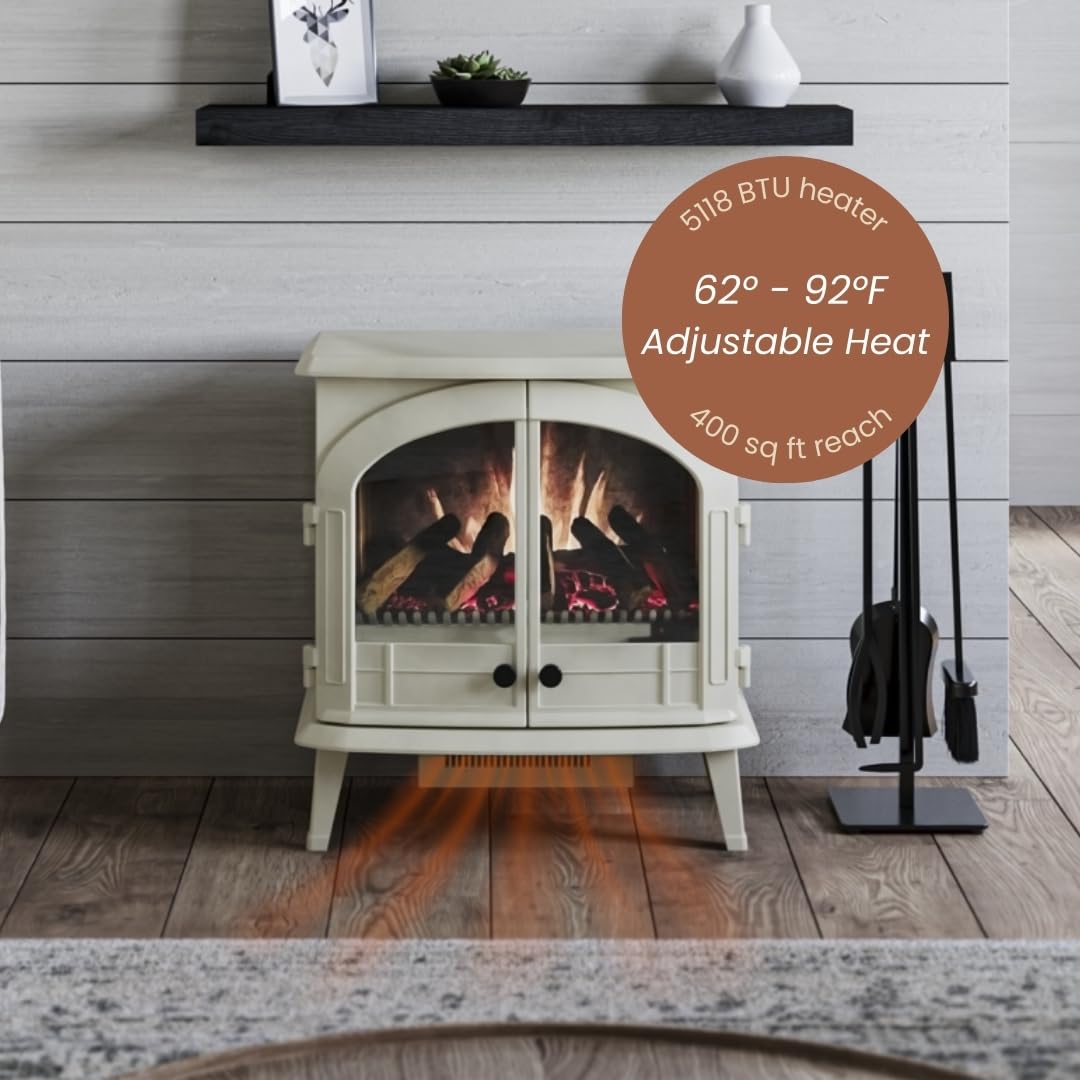 Modern Ember Harlowe Freestanding Electric Fireplace Stove Heater in Cream with Multi-Color Ember Bed | Smart Technology | Alexa/WiFi Enabled | 1500W | Indoor Portable Heater | Safety Shutoff