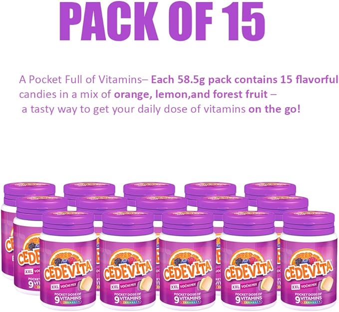Cedevita Multivitamin Healthy and Sweet Candies with 9 Essential Vitamins in Mix Pot Flavor – A Pocket Full of Vitamins Immune System Booster – Pack of 15 Candies, 58.5g