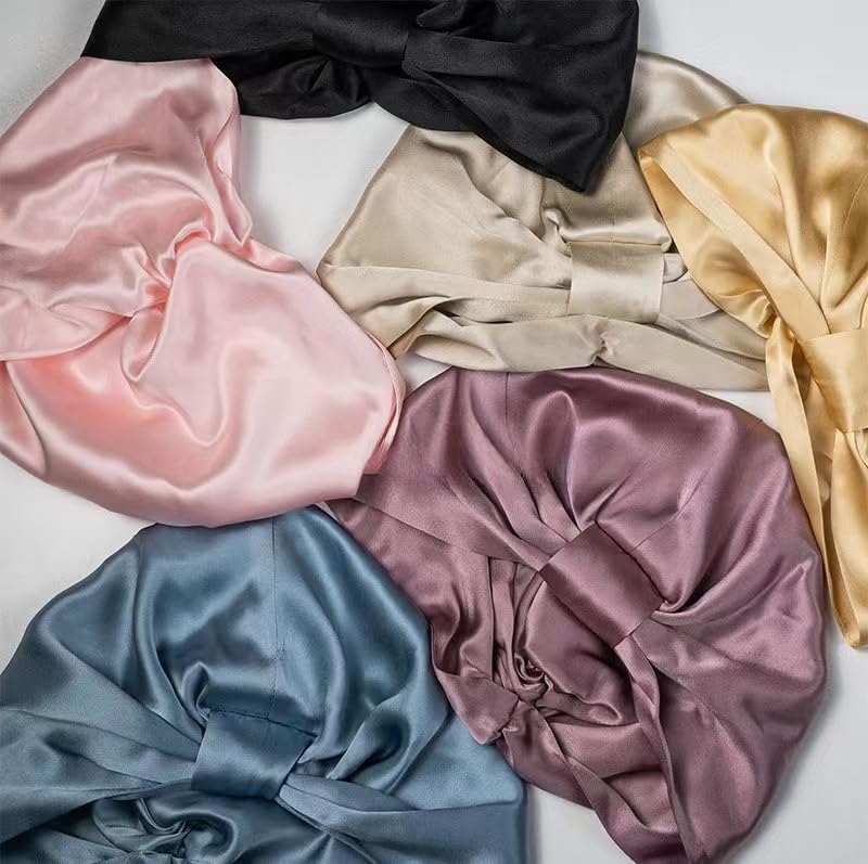 100% Mulberry Silk Sleep Bonnet, Double Layer Silk Turban, Shower Cap, 8 Colors (Silver Bonnet With Adjustable Strap)