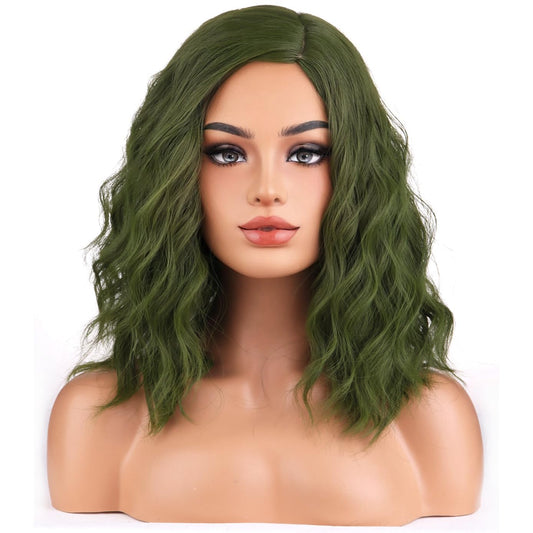 Beron Green Wigs For Women Short Curly Bob Wavy Wig Girls Olive Color Body 14'' Heat Resistant Synthetic Hair Wig Cosplay Daily