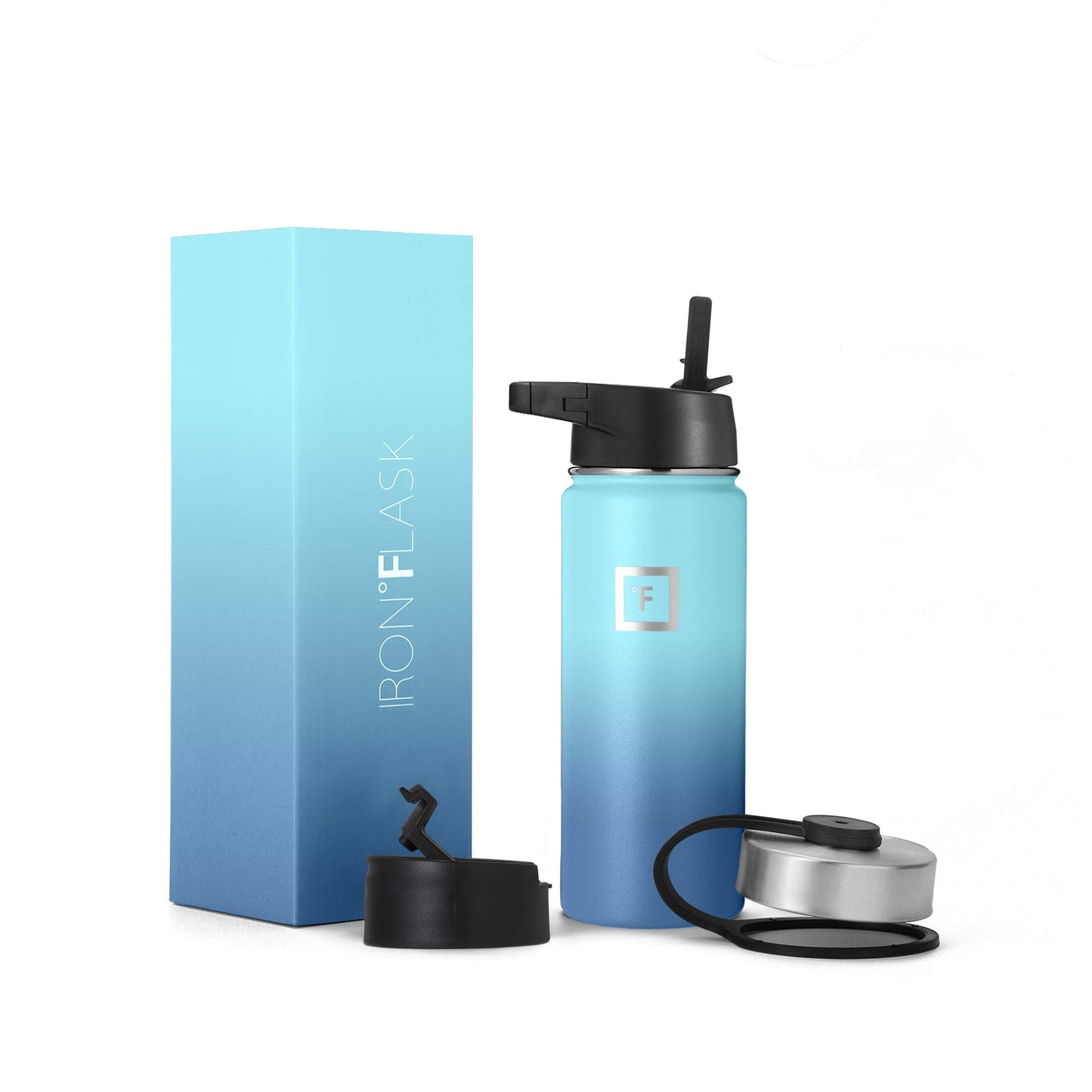 IRON °FLASK Camping & Hiking Hydration Flask, Wide Mouth, 3 Straw Lids, Stainless Steel Outdoor Water Bottle, Double Walled, Insulated Thermos, Metal Canteen - Blue Waves, 18 Oz