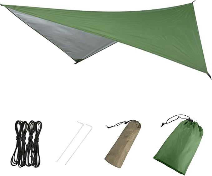 Azarxis Hammock Camping Tarp Rain Fly, Waterproof Tent Footprint Shelter Canopy Sunshade Cloth Picnic Mat for Outdoor Awning Hiking Beach Backpacking - Included Guy Lines & Stakes (Green)