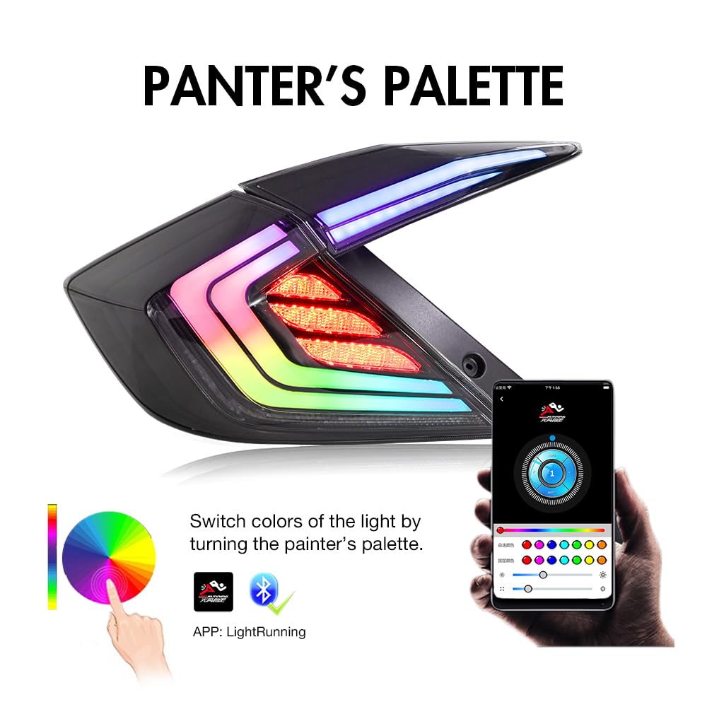T T-ABC New RGB Taillight Compatible with Honda Civic 2016-2021 Tail Light Sedan Touring Sport EX EX-L LX Rear Lights Multicolored N1 Style LED Sequential Animation 10th Gen Custom Back Accessories