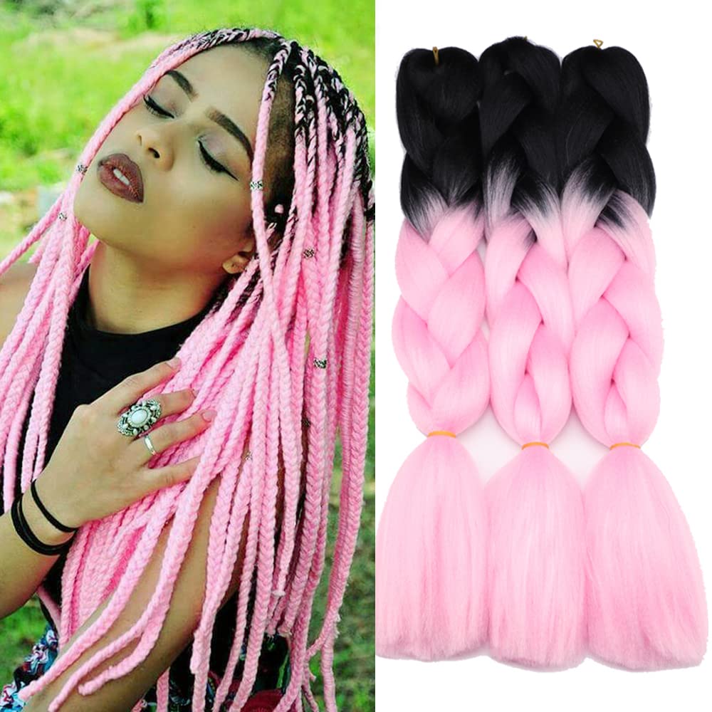 Box Braids Hair Extension Jumbo Braiding Hair Attachment Ombre Pink Color 3Pakcs 24Inch Crochet Hair Braids (Black And Pink)
