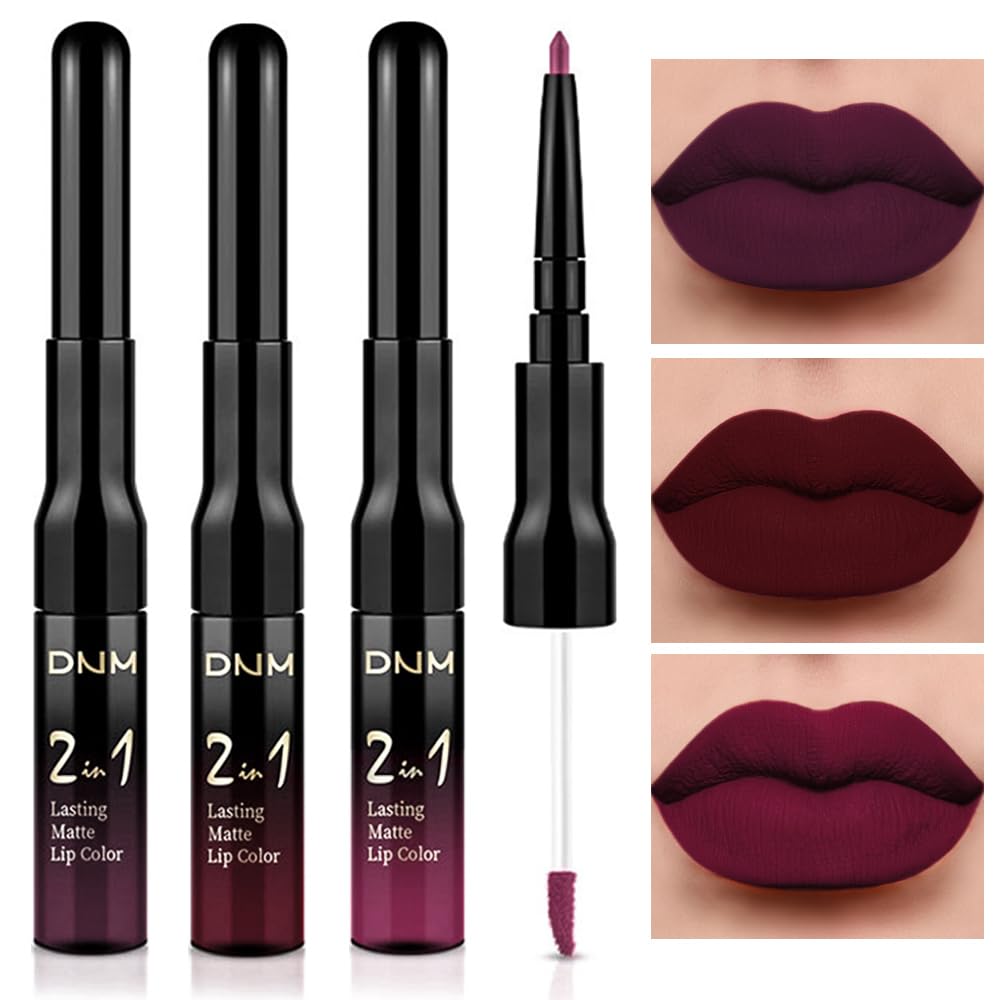 evpct 3Pcs Dark Deep Red Purple Plum Black Cherry Lip Tint Stain peel off 24 hr Matte Lip Liner and Lipstick Set for Women Waterproof Long Lasting labiales matte mate larga duracion listip 24 hours