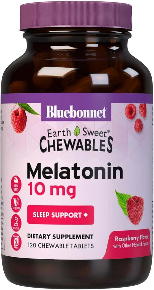 BlueBonnet Nutrition EarthSweet Melatonin 10 mg Fast-Acting Quick Dissolve Nighttime Relaxation & Restful Sleep Support - Sleep Aid - Gluten-Free, Vegan - Raspberry Flavor - 120 Chewable Tablets