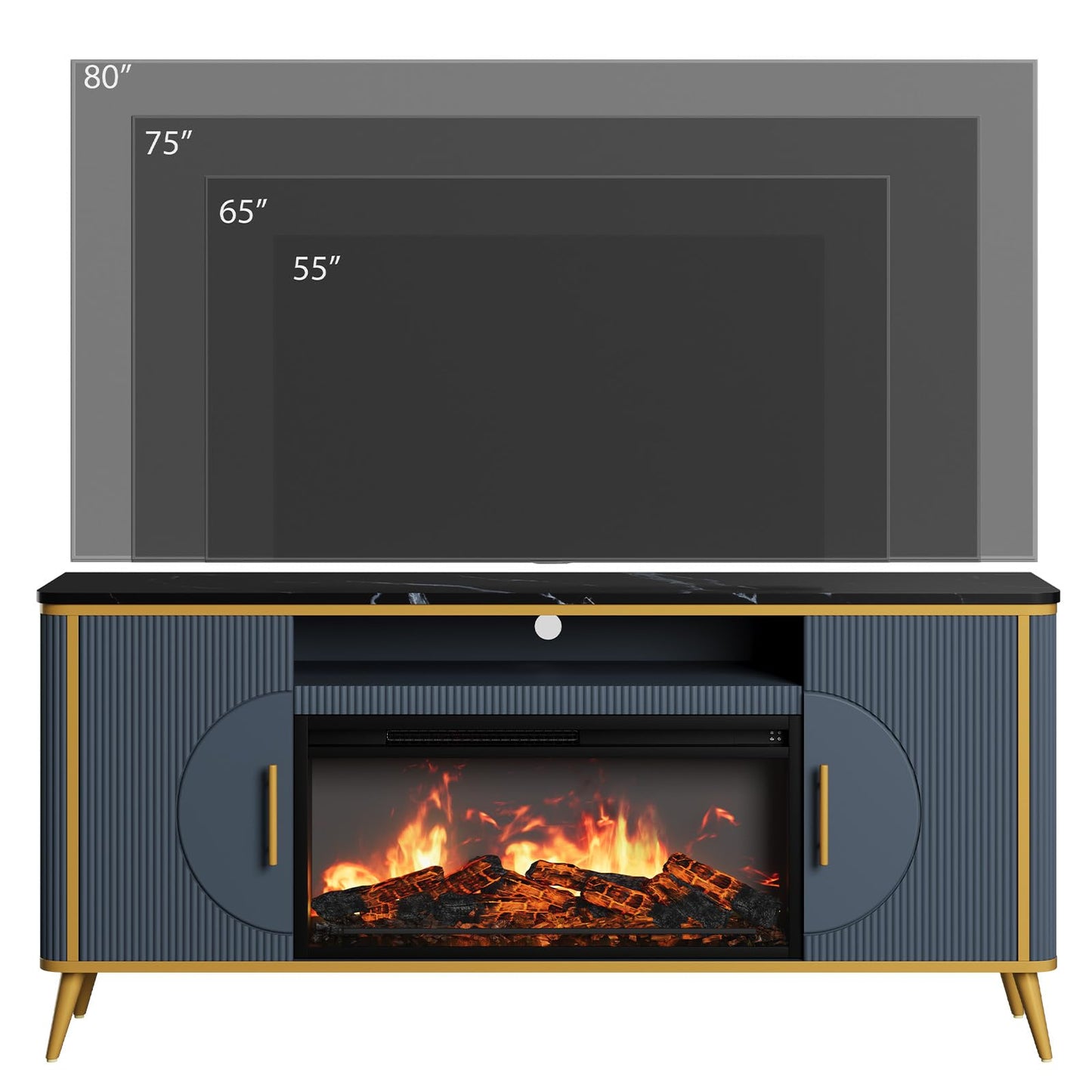 Fluted Fireplace TV Stand Up to 80" TVs, Modern Entertainment Center with 30" Electric Fireplace, Luxury Media Console with Adjustable Shelves for Living Room, Navy Blue