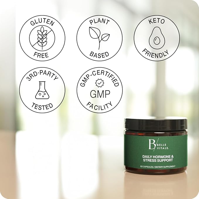 BODi Belle Vitale Daily Hormone & Stress Support - Ashwagandha & Rhodiola - Helps Combat Stress & Supports Healthy Cortisol Levels - Vitamin B12 Help Energy Metabolism & Immune Health - 60 Capsules