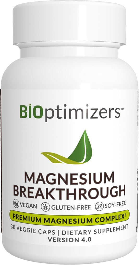 BIOptimizers Magnesium Breakthrough Supplement 4.0-7 Forms of Mg: Glycinate, Malate, Citrate, and More - Natural Support for Sleep and Cognitive Function - 30 Capsules- Calming Vitamins Complex