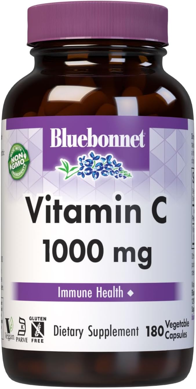 Bluebonnet Nutrition Vitamin C 1000 Mg Vegetable Capsules, Ascorbic Acid, for Immune Skin Health, Vegan, Vegetarian, Non GMO, Gluten, Soy & Milk Free, Kosher, 180 Count