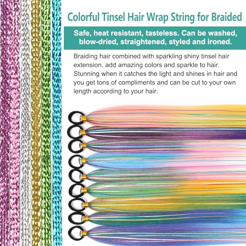 26 Inch Hair Tinsel Colored Braided Ponytail Extension 2 Pack Blue Pink Gradient Hair Extensions Ponytail with Elastic Tie Straight Sleek Wrap Around Hair Extensions for Braids