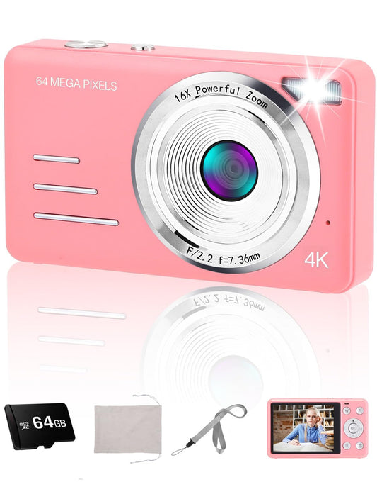 AIRSMIL Digital Camera 4K 64MP 18X Zoom Compact Vlogging Camera with 2.8 inch Screen, 64GB microSD Card 1500mAh Battery HD Digital Video Camera for Boys, Girls, Teens, and Beginners(4K Camera Pink)