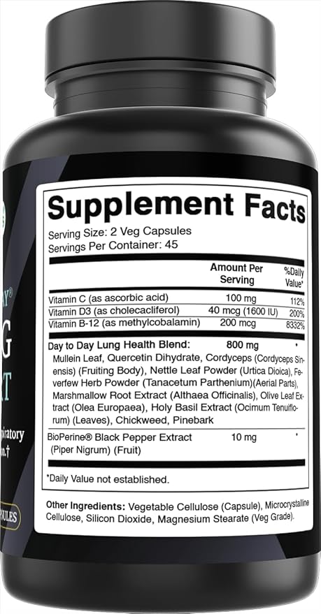 Best Naturals Day-to-Day Lung Support Supplements 90 Veg Cpasules - Made with Mullein, Quercetin, Cordyceps, Nettle, Feverfew, Marshmallow, Olive Leaf Extract