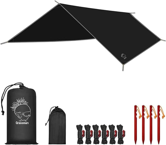 Grassman Camping Tarp, Ultralight Waterproof 10x10ft/10x12ft Rain Fly Shelter, Easy to Setup Camping Tarp Tent, Perfect for Backpacking, Hiking, Travel, Outdoor Adventures Survival Gears