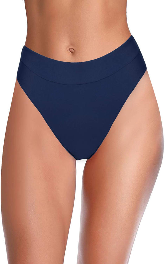 Hilor Women's High Waisted Bikini Bottom High Cut Swim Briefs Cheeky Swimsuits Bottom Navy 12