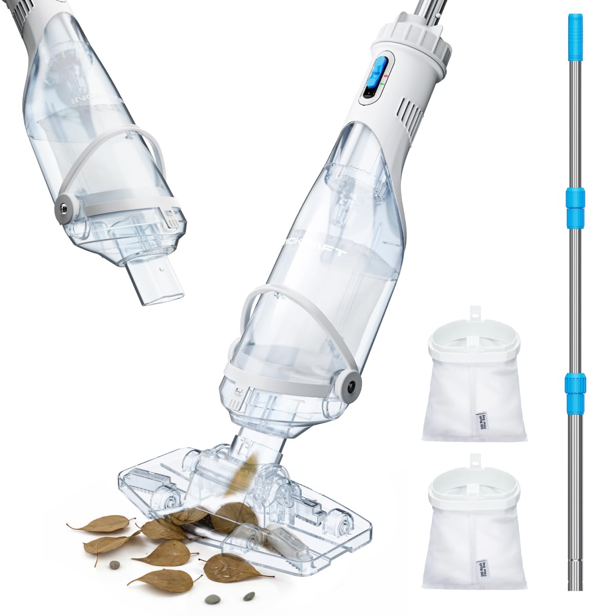 InoKraft Cordless Pool Vacuum Cleaner, Rechargeable, Handheld Pool Vacuum for Above Ground and Inground Pools, Transparent Head, 59” Extendable Pole, for Leaves, Debris, Shallow Steps, Blue