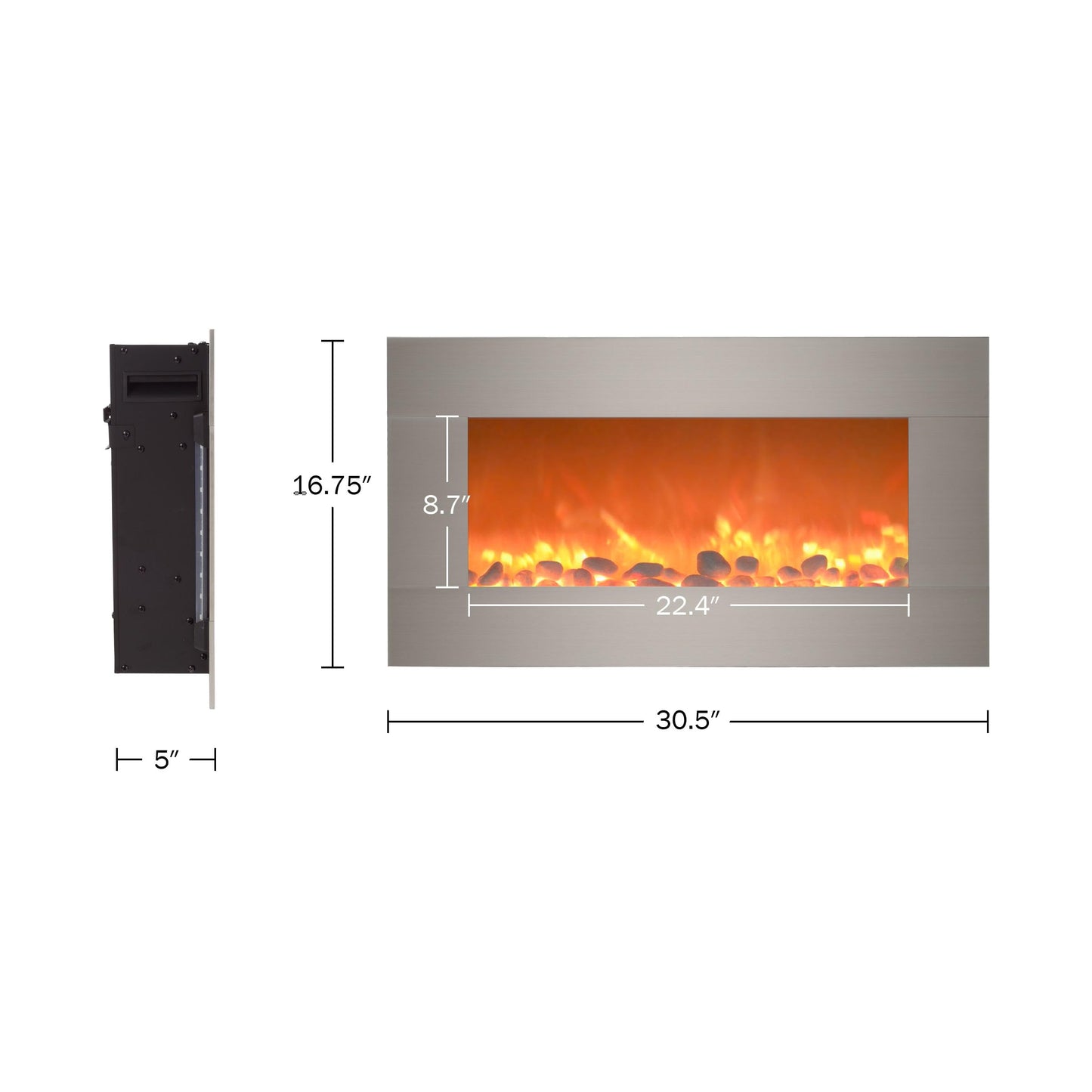 Electric Fireplace - 30 Inch Wall Mounted Fireplace - 13 Backlight Colors and Remote Controlled LED Flames, Heat, and Brightness by Northwest (Silver)