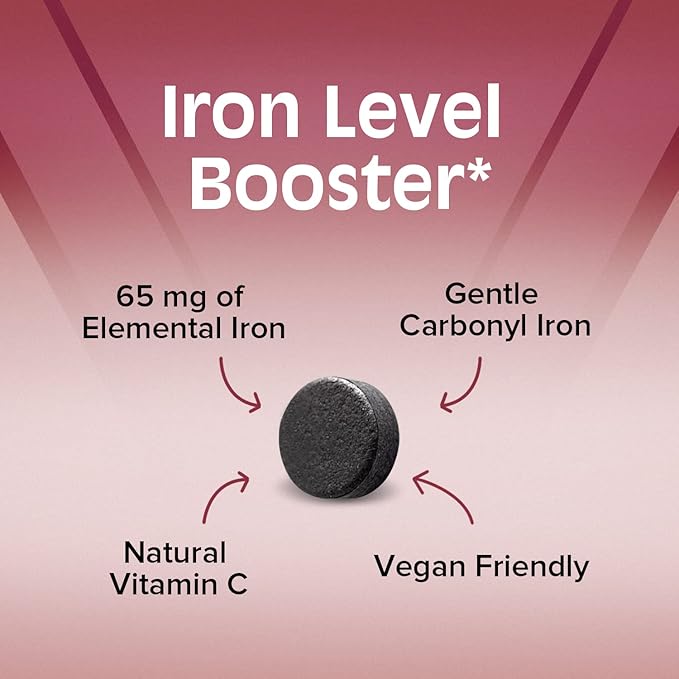 Carbonyl Iron with Vitamin C, Optimal Absorption, 65 mg Gentle Iron for Men & Women, Energy Support & New Red Blood Cell Formation, Easy on The Stomach, Vegan, Once Daily, Non-GMO, 60 Tabs