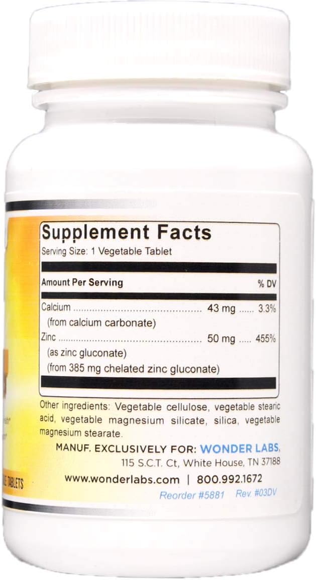 Chelated Zinc Gluconate 50 mg - Supports Healthy Skin, Immune System, Cell Growth, and More - 100 Vegetarian Tablets