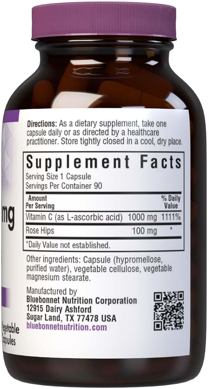 Bluebonnet Nutrition Vitamin C-1000 mg Plus Rose HIPS Vegetable Capules, for Immune Health, for Antioxidant Protection, Soy Free, Gluten Free, Non-GMO, Kosher, Dairy Free, Vegan, 90 Count