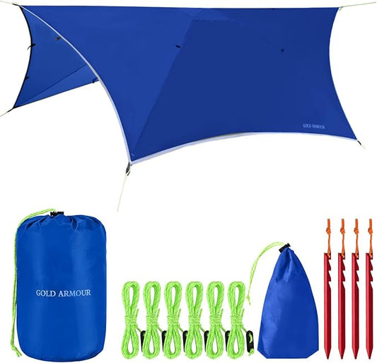 Gold Armour Rainfly Tarp for Hammock and for Tent, Camping Essentials Rain Fly Cover, Waterproof Lightweight Camping Accessories, Survival Camping Gear Camping Tent Accessories (Blue)
