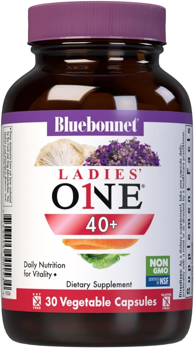 Bluebonnet Nutrition Ladies’ ONE 40+ Whole Food-Bed Multiple, Women Multivitamin for Women 40+, Soy-Free, Non-GMO, Gluten Free, 30 Vegetable Capsules, 30 Servings