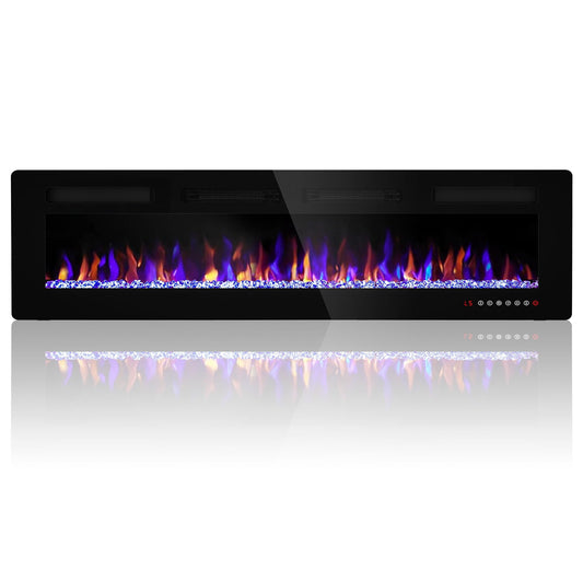 Ludatido 60 Inch Electric Fireplace Wall Mounted/Recessed, 3.2 Inch Ultra Thin Electric Fireplace Insert With1500W Heater, Multicolor Flame with Timer/Speed/Touch Screen/Remote Control