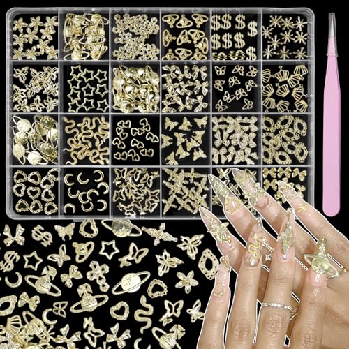 240 Pcs 3D Gold Nail Charms, Mixed Alloy Crown Bows Cross Nail Gold Charms, Golden Planet Star Metal Nail Art Charms Snake Charms for Acrylic Nails DIY Y2K Accessories