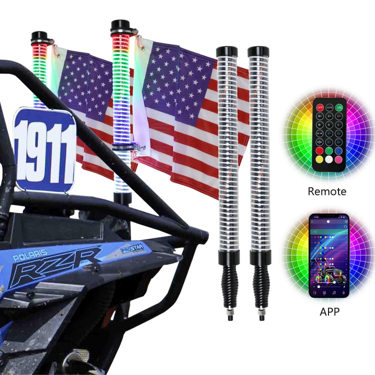 JXOFROAD 2PC COB Fat Whip Lights with Reverse &Turning & Brake light ，Remote & App Smart Control，Spiral RGB Chasing LED for Polaris RZR, Can-Am Maverick X3, Universal Fit for SXS, UTV, ATV, Boat (2FT)